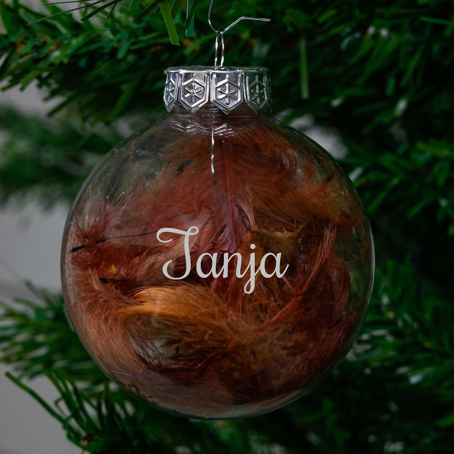 Kerstbal Bruine Veertjes - Naam