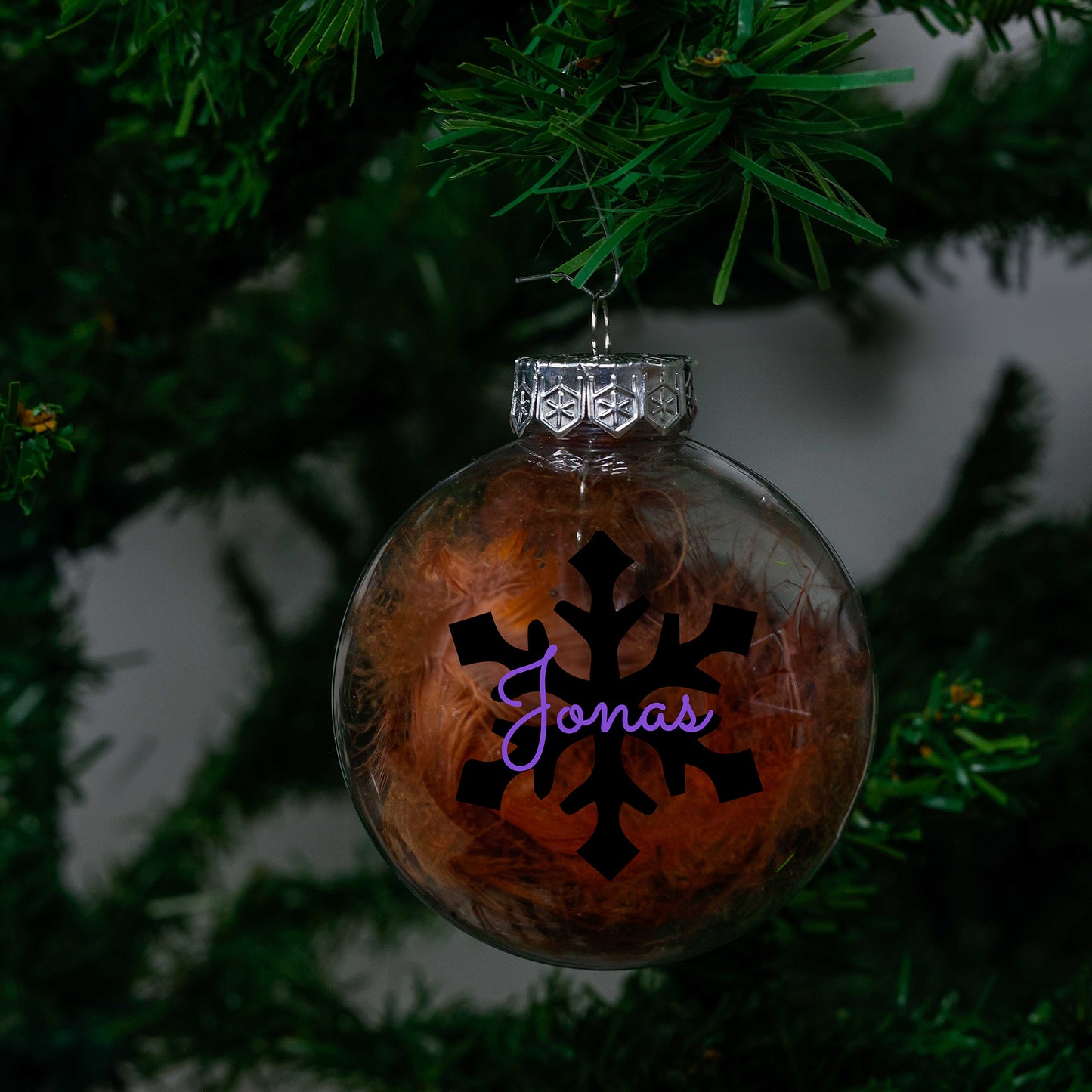 Kerstbal Bruine Veertjes - Naam + Sneeuwvlok