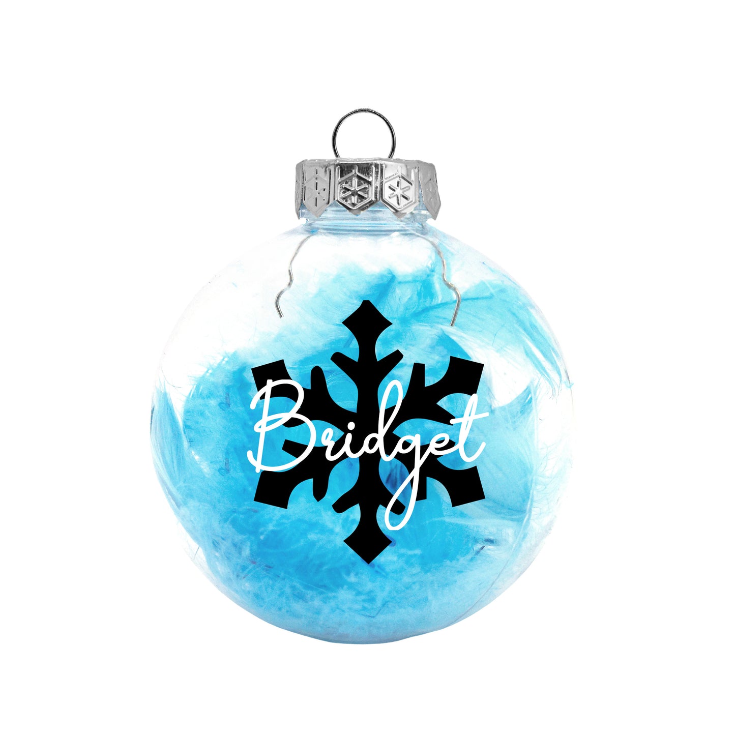 Kerstbal Blauwe Veertjes - Naam + Sneeuwvlok