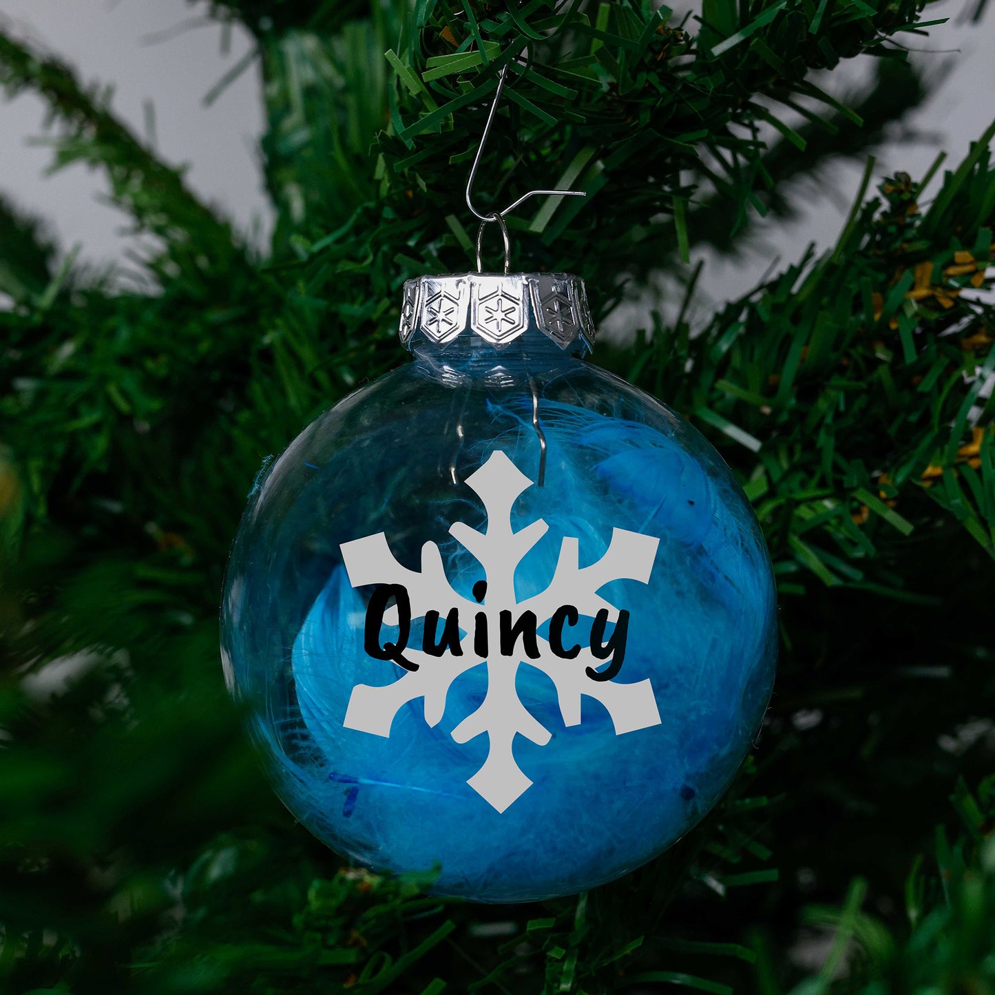 Kerstbal Blauwe Veertjes - Naam + Sneeuwvlok