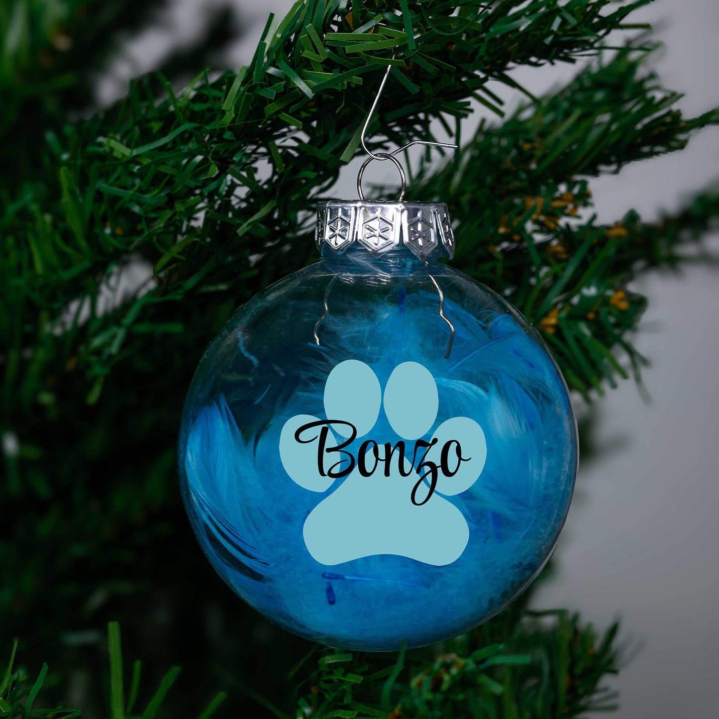 Kerstbal Blauwe Veertjes- Naam + Pootje
