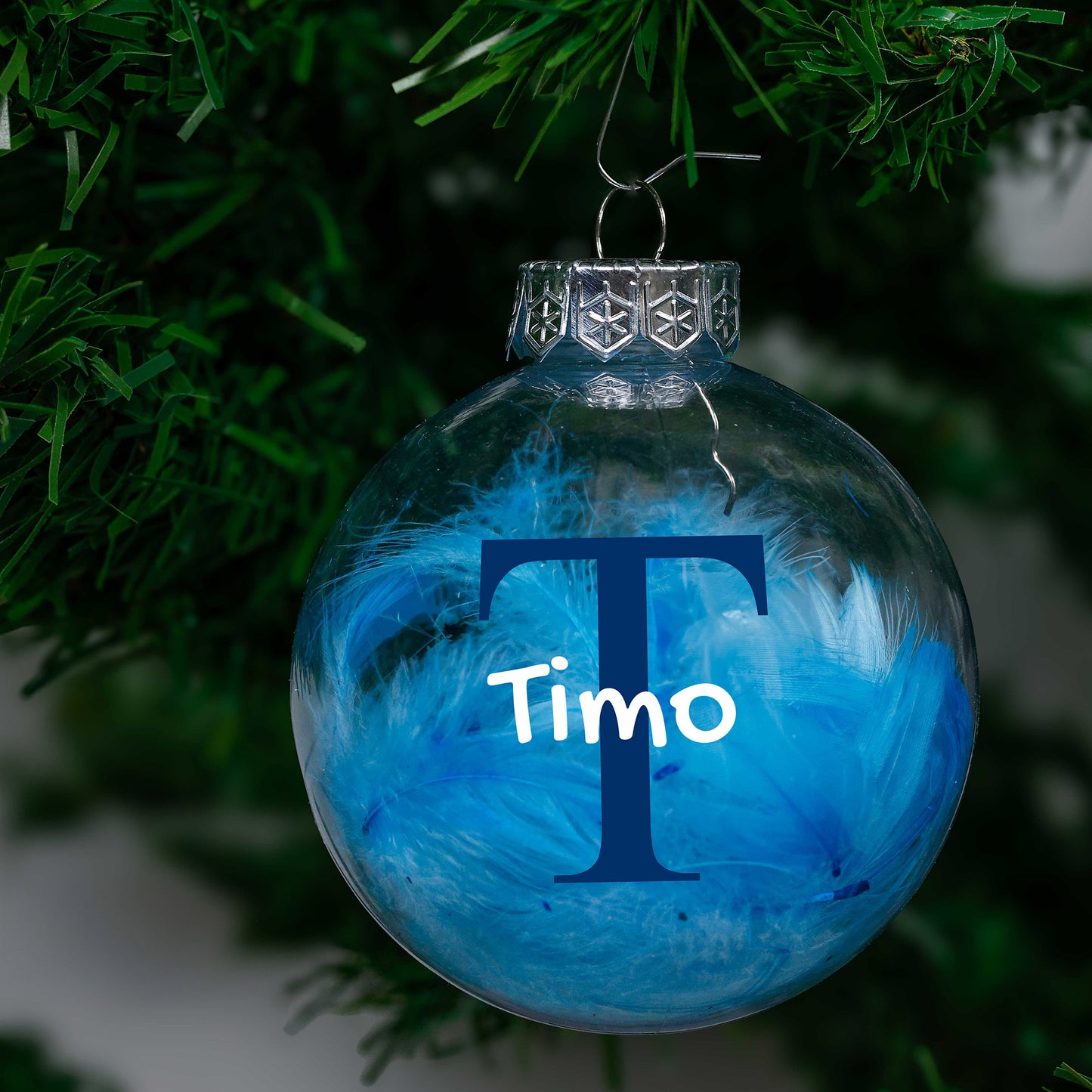 Kerstbal Blauwe Veertjes - Naam + Hoofdletter