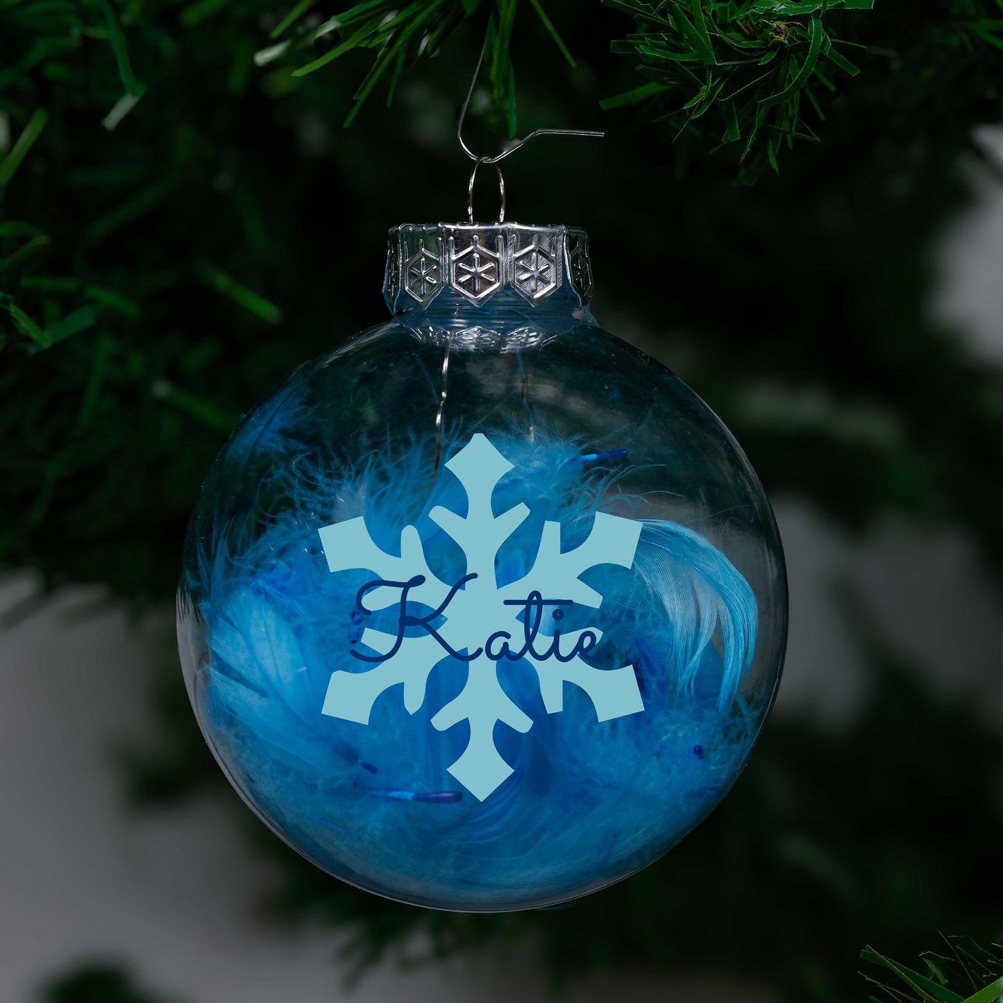 Kerstbal Blauwe Veertjes - Naam + Sneeuwvlok