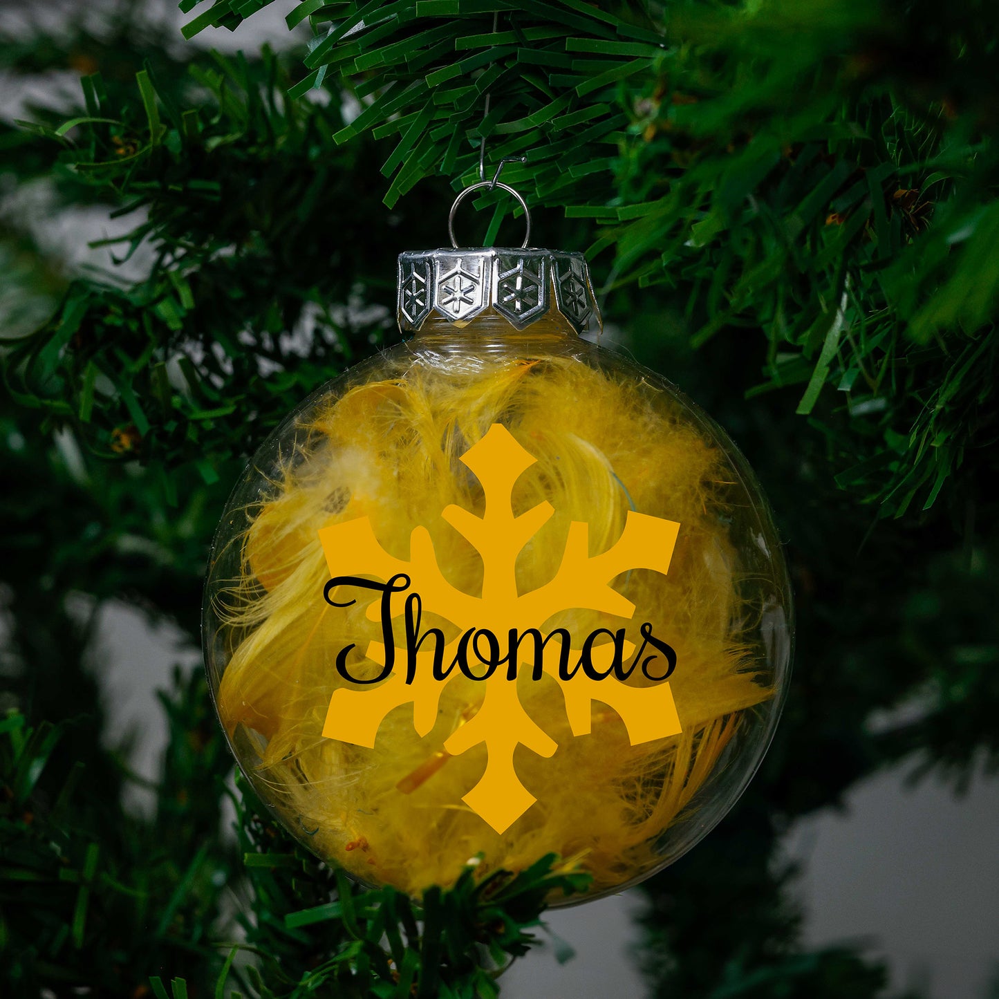 Kerstbal Gele Veertjes - Naam + Sneeuwvlok