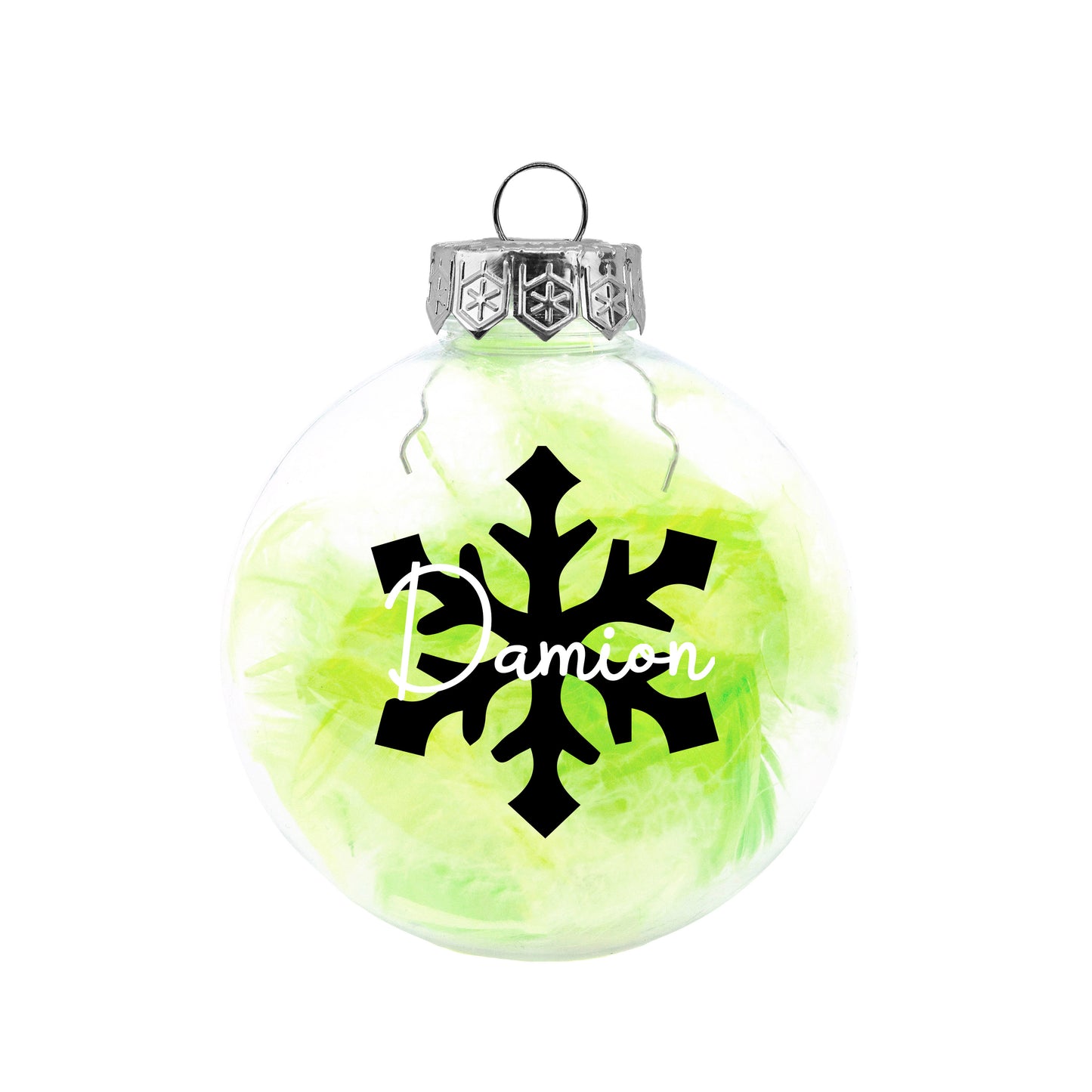 Kerstbal Groene Veertjes - Naam + Sneeuwvlok