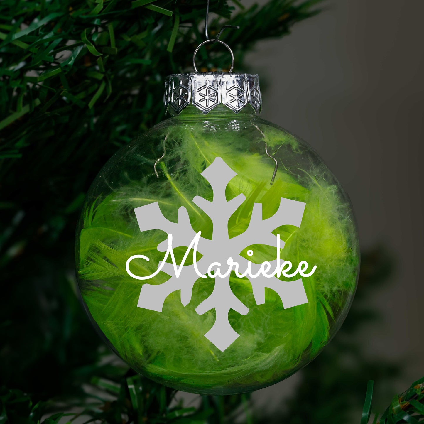 Kerstbal Groene Veertjes - Naam + Sneeuwvlok
