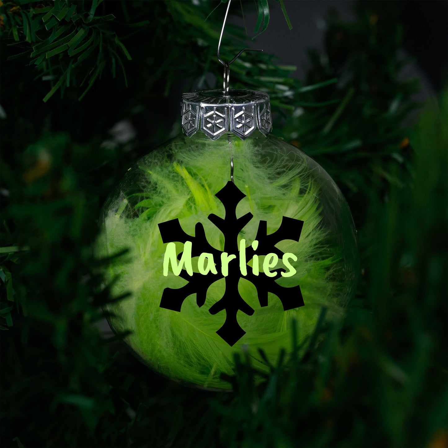 Kerstbal Groene Veertjes - Naam + Sneeuwvlok
