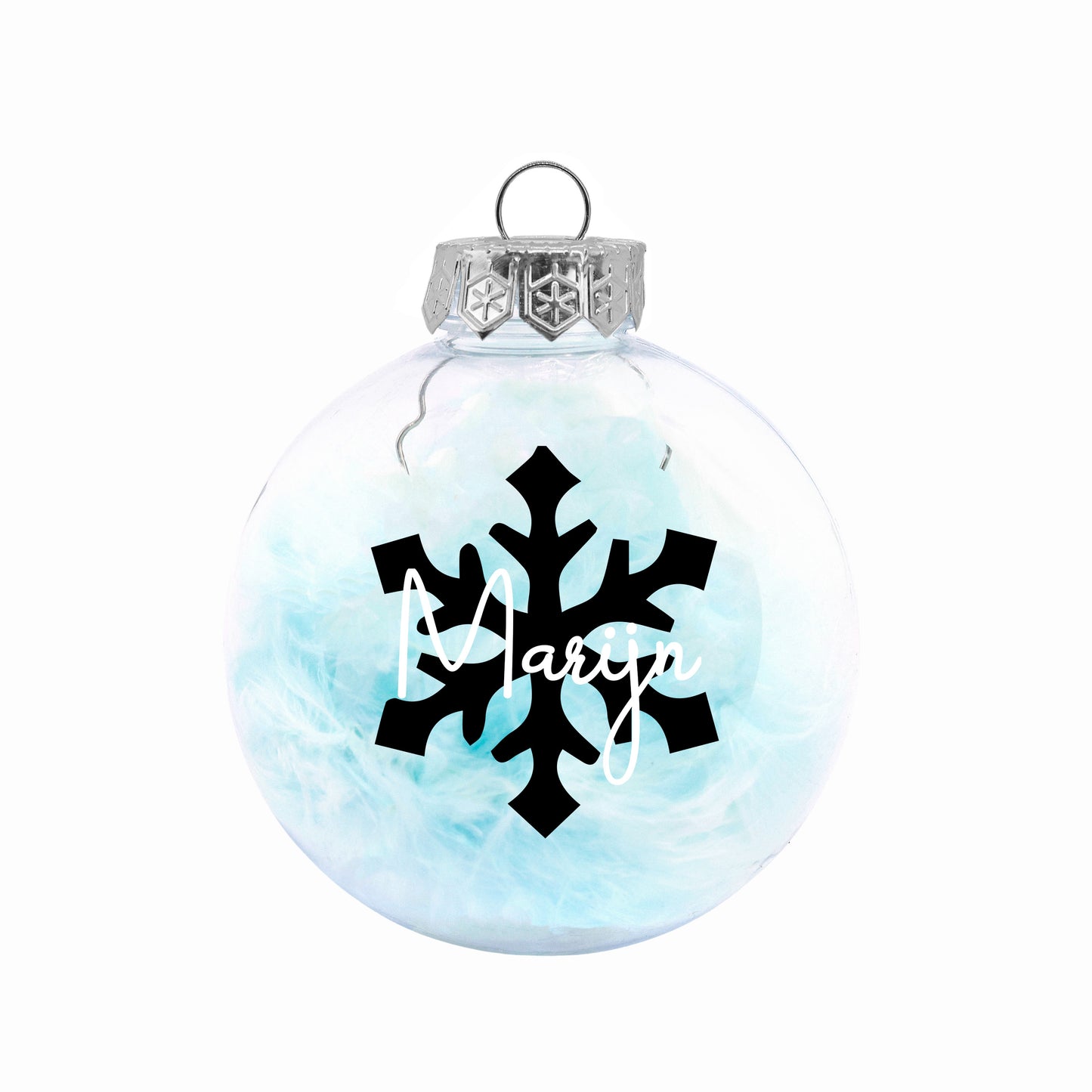 Kerstbal Licht Blauwe Veertjes - Naam + Sneeuwvlok