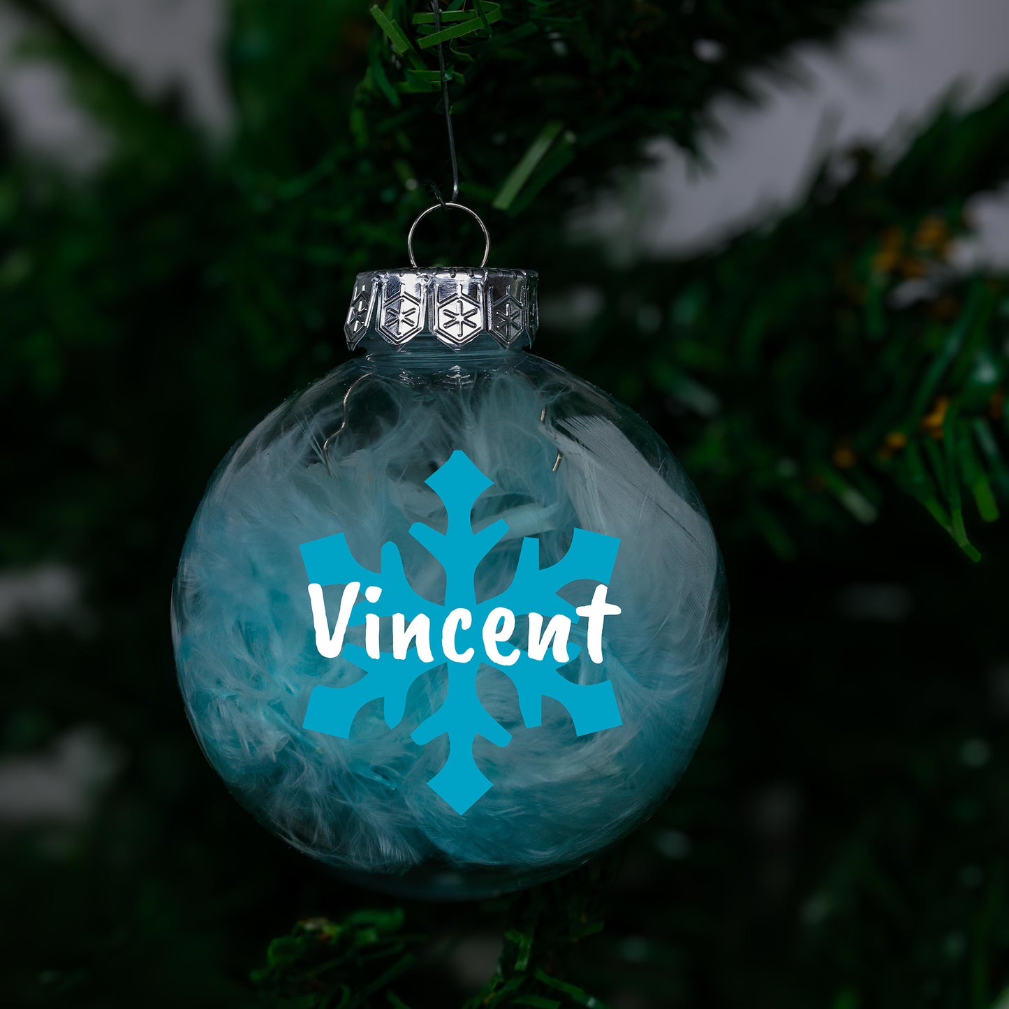 Kerstbal Licht Blauwe Veertjes - Naam + Sneeuwvlok