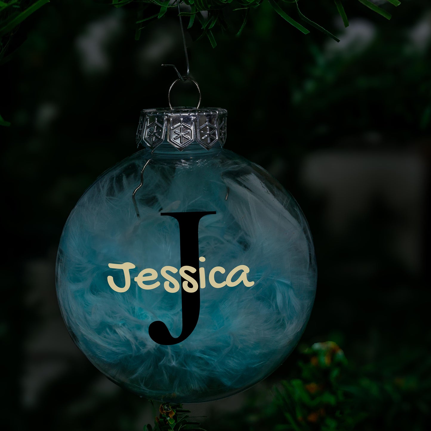 Kerstbal Licht Blauwe Veertjes - Naam + Hoofdletter