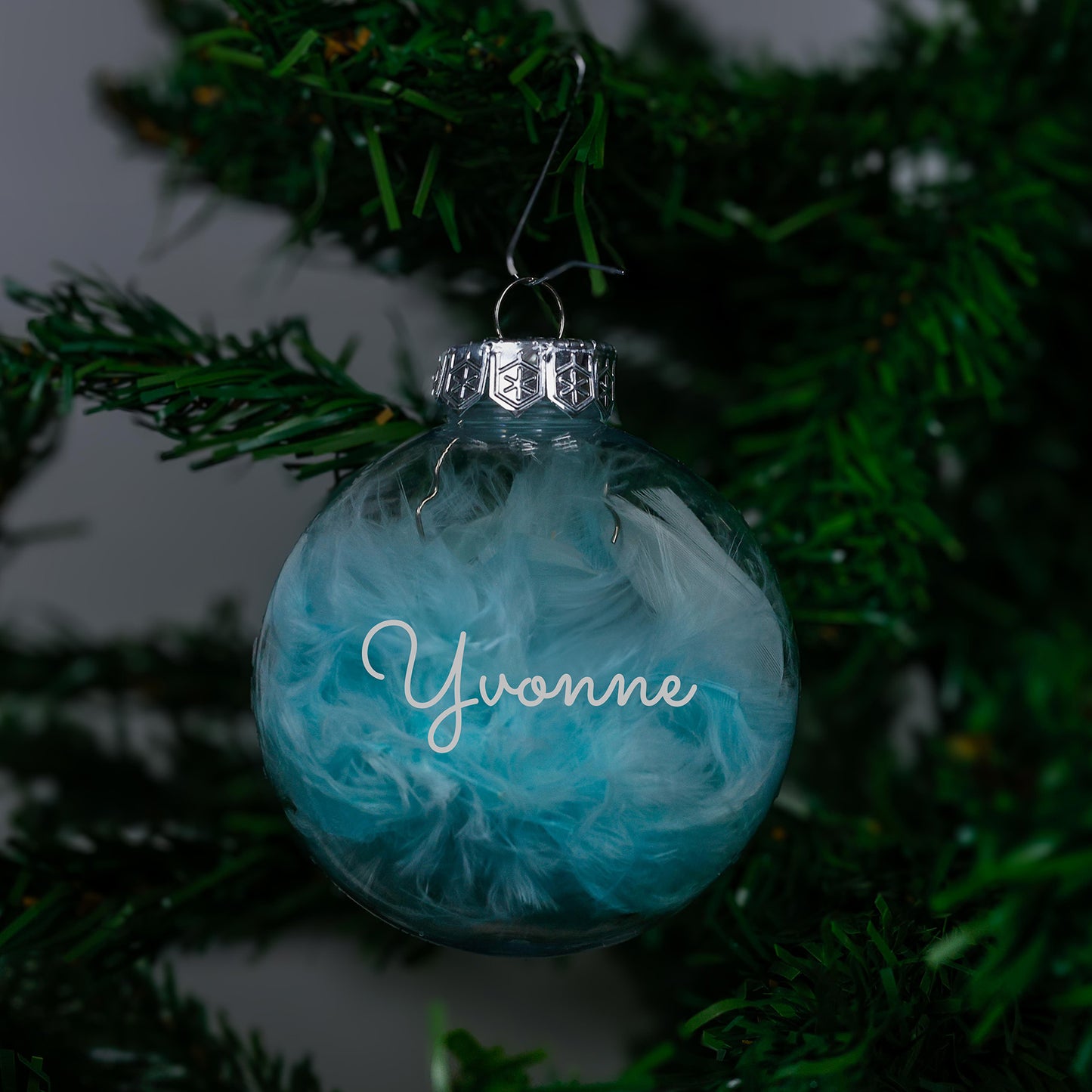 Kerstbal Licht Blauwe Veertjes - Naam