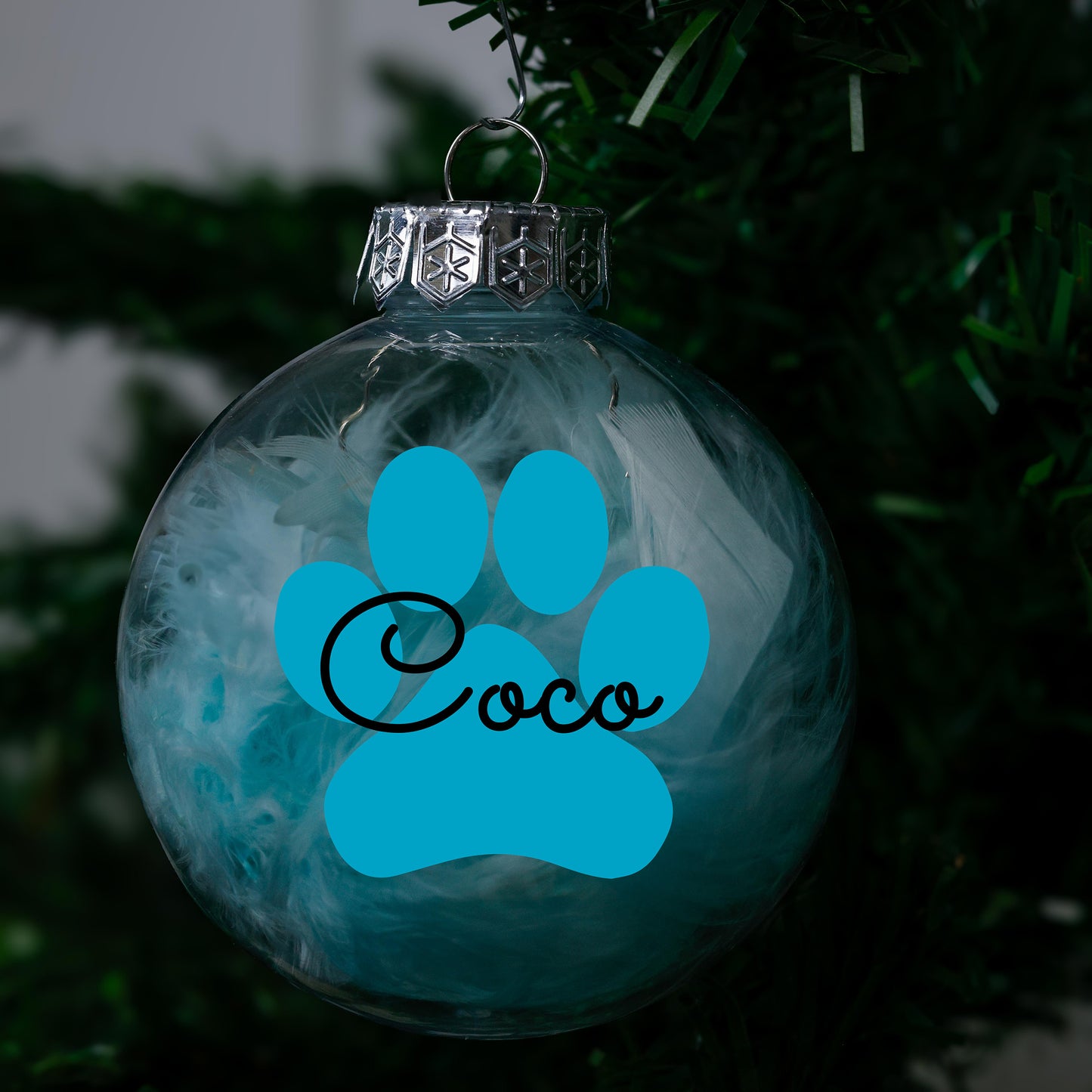 Kerstbal Licht Blauwe Veertjes- Naam + Pootje