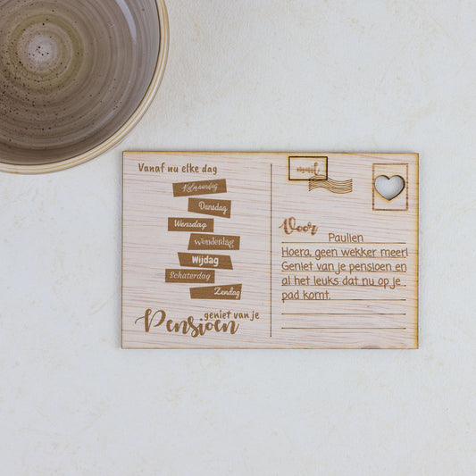 Houten kaart - Geniet van je pensioen!