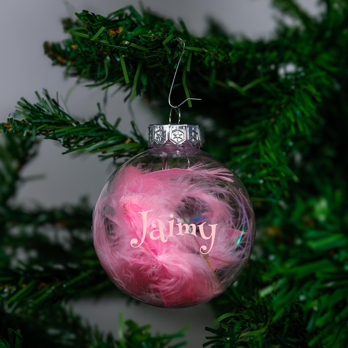 Kerstbal Roze Veertjes - Naam