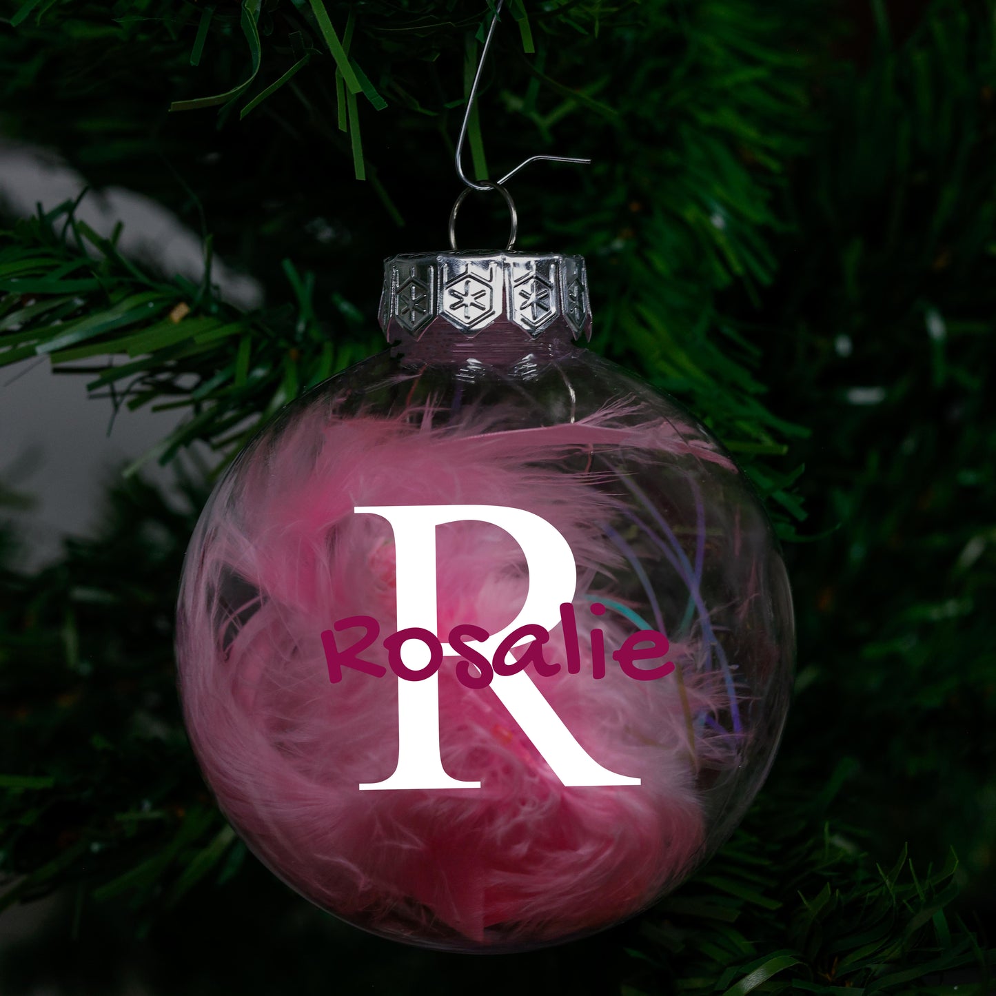 Kerstbal Roze Veertjes - Naam + Hoofdletter