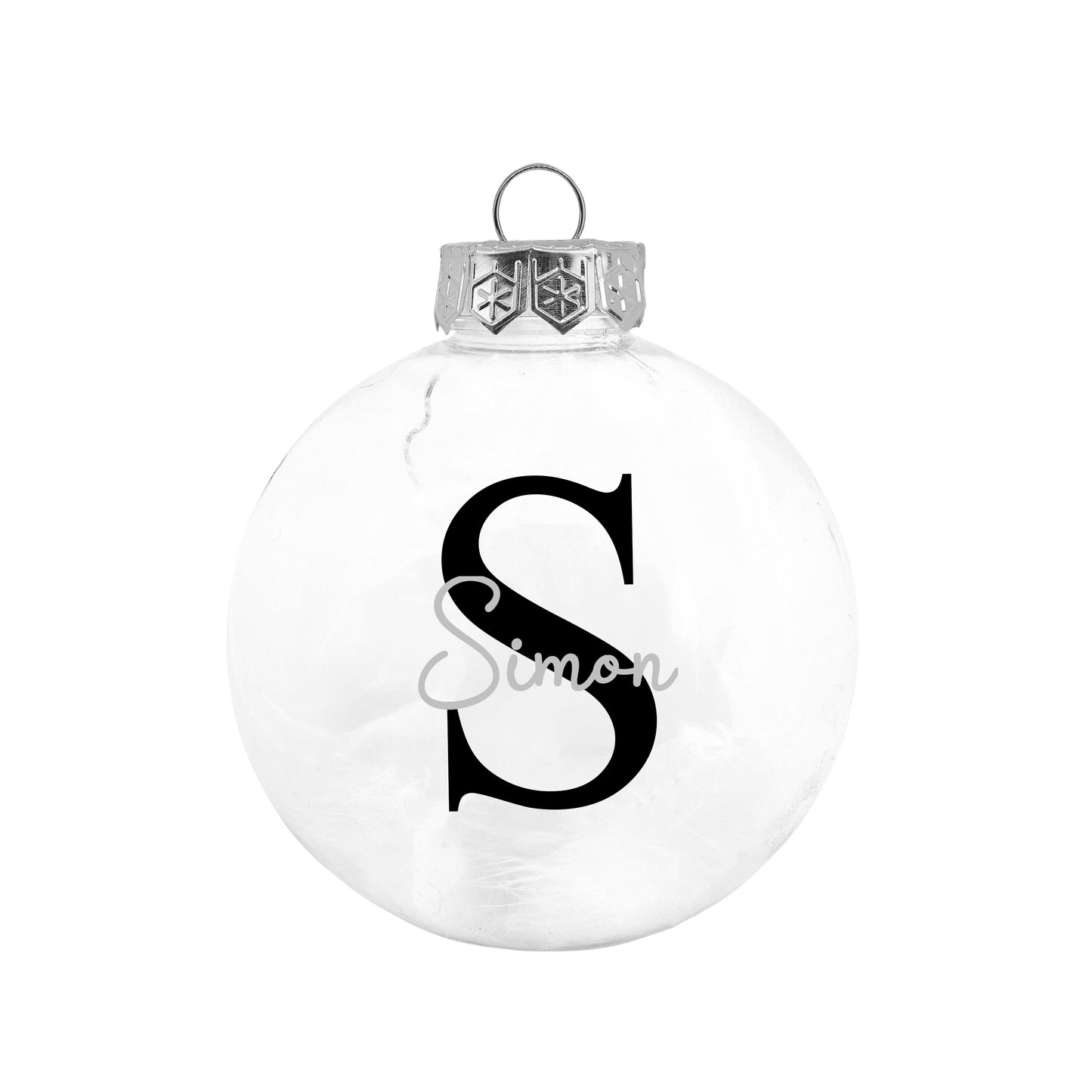 Kerstbal Wit Veertjes - Naam + Hoofdletter