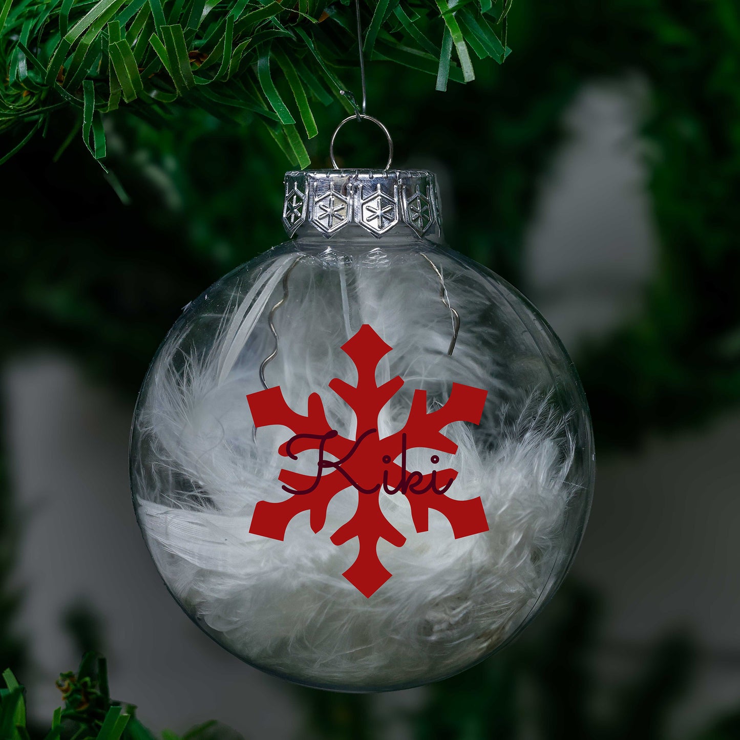 Kerstbal Witte Veertjes - Naam + Sneeuwvlok