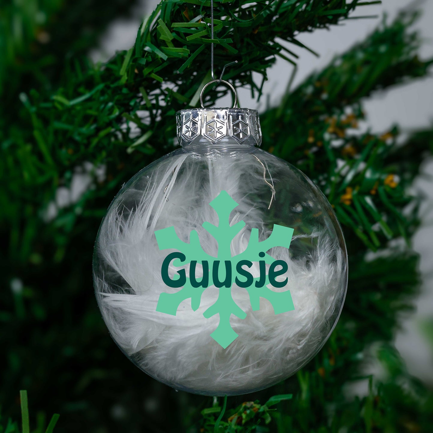 Kerstbal Witte Veertjes - Naam + Sneeuwvlok