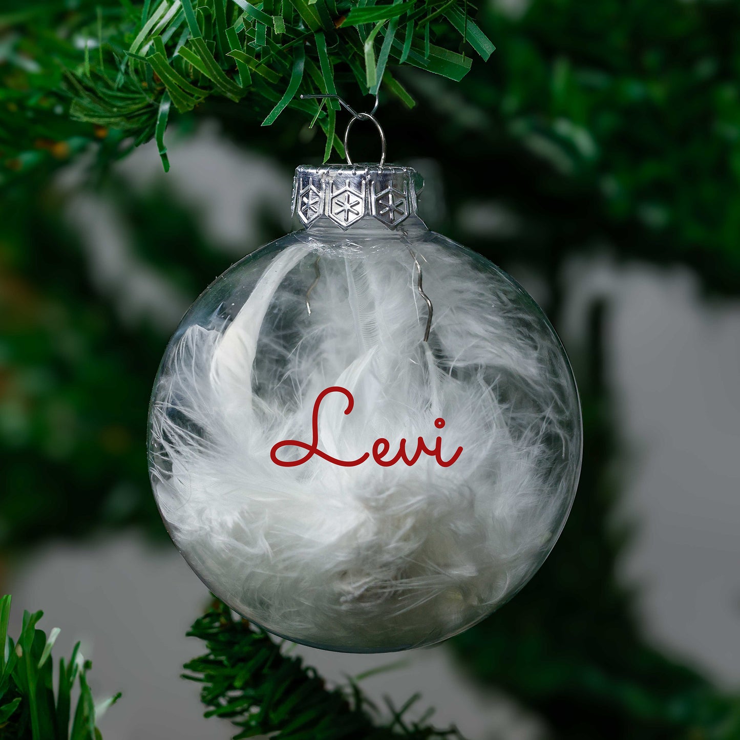 Kerstbal Witte Veertjes - Naam