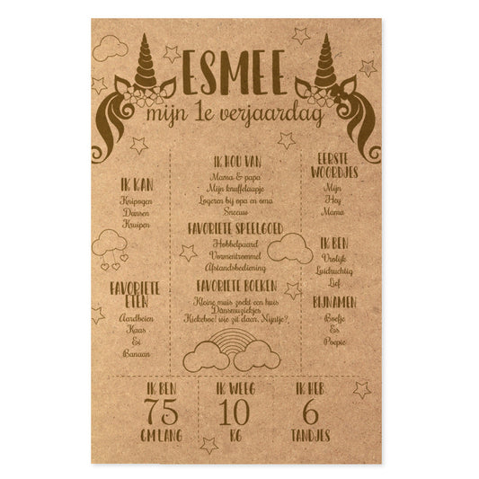 1e Verjaardag bord - Eenhoorn