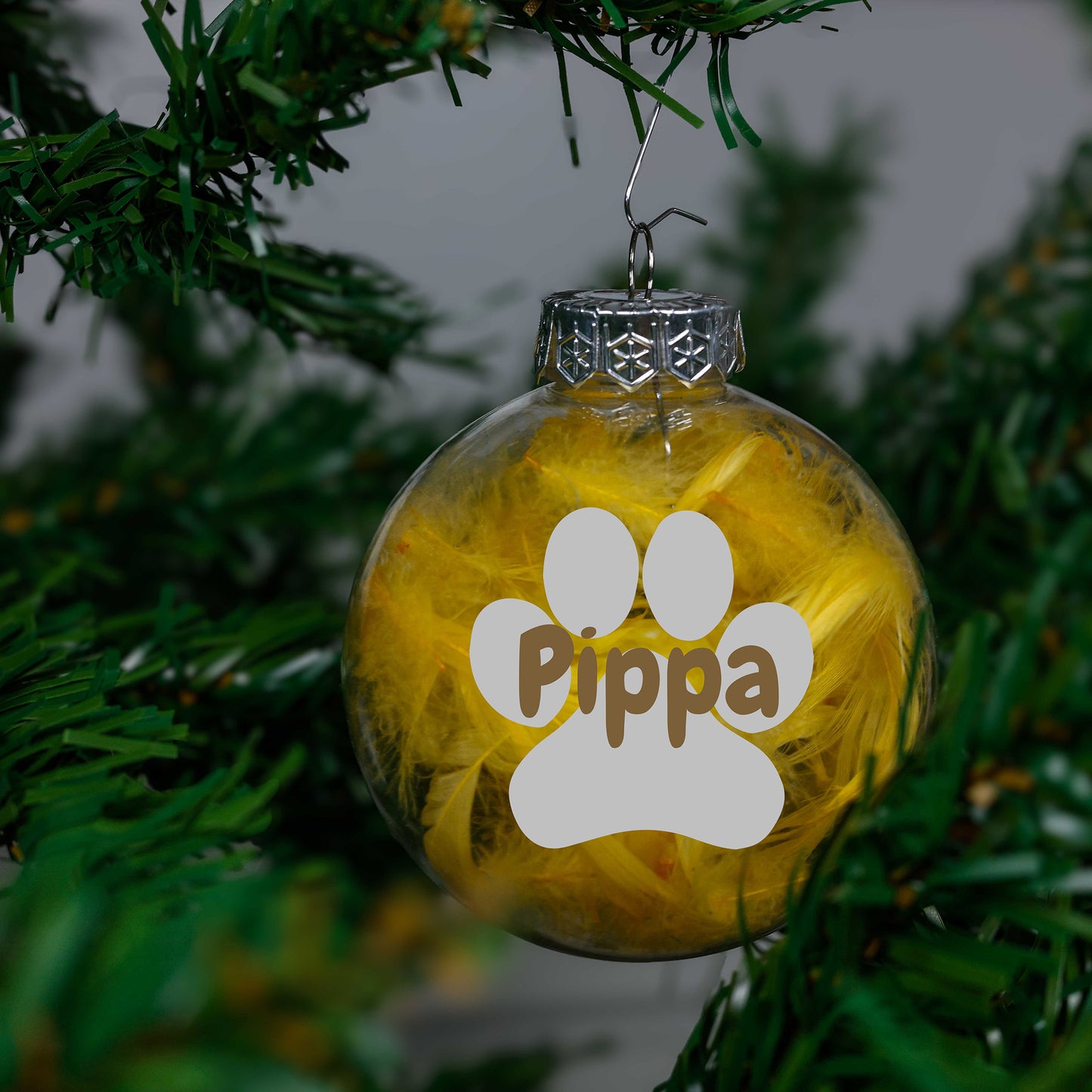 Kerstbal Gele Veertjes- Naam + Pootje