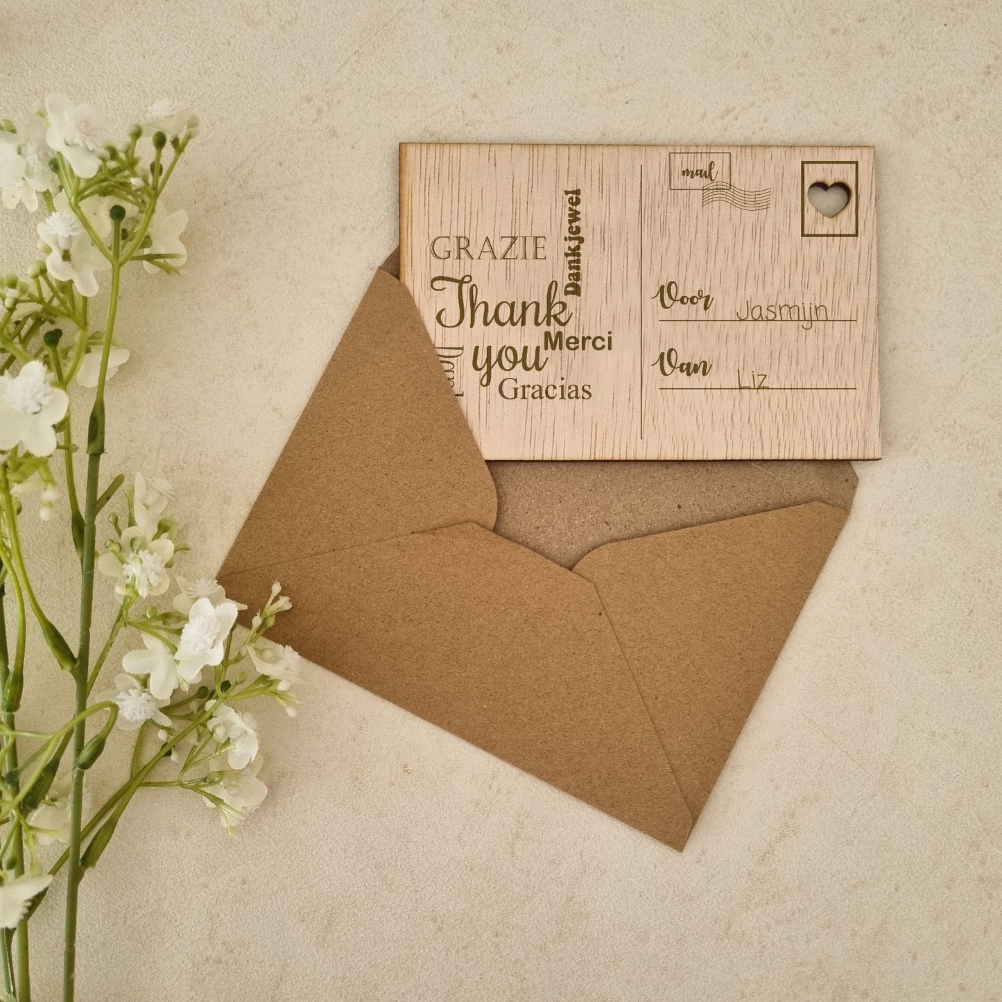 Houten kaart - Bedankt , Thank you, Grazie ...