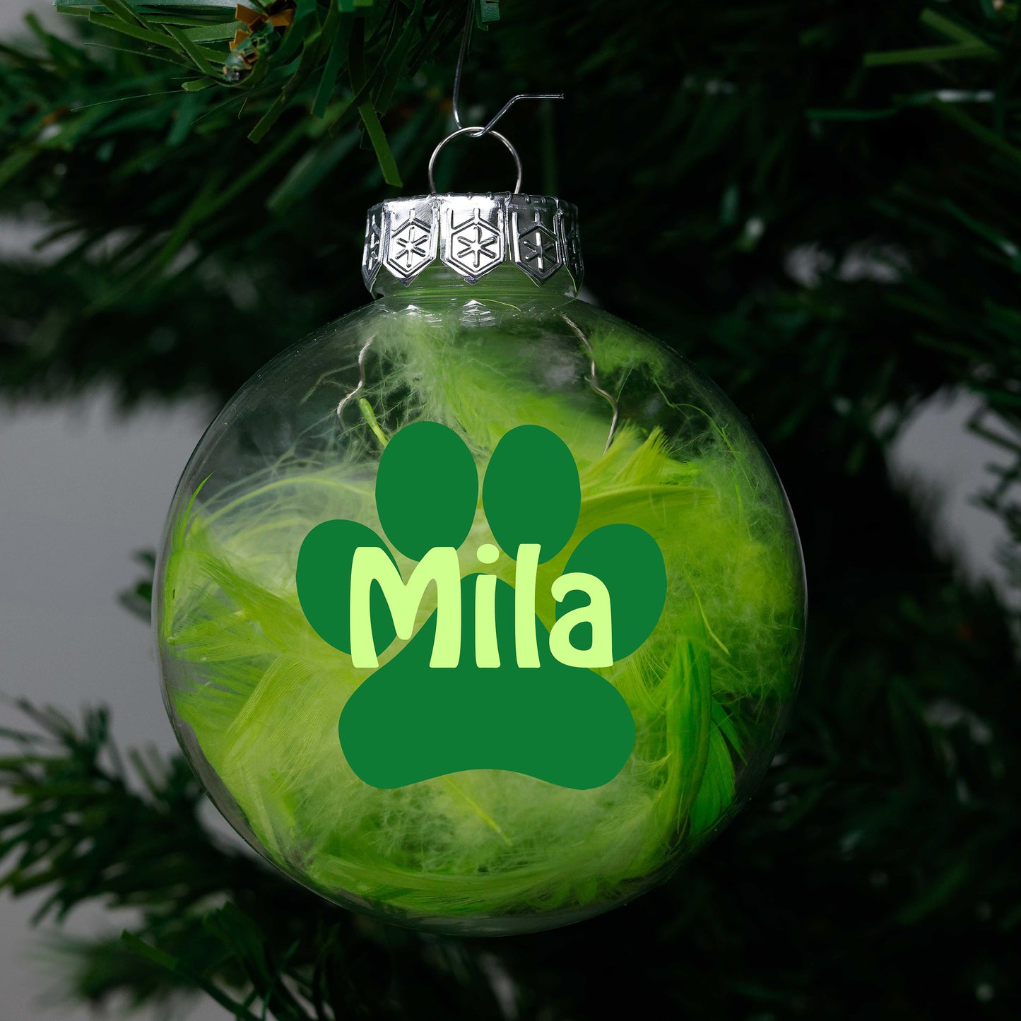 Kerstbal Groene Veertjes- Naam + Pootje