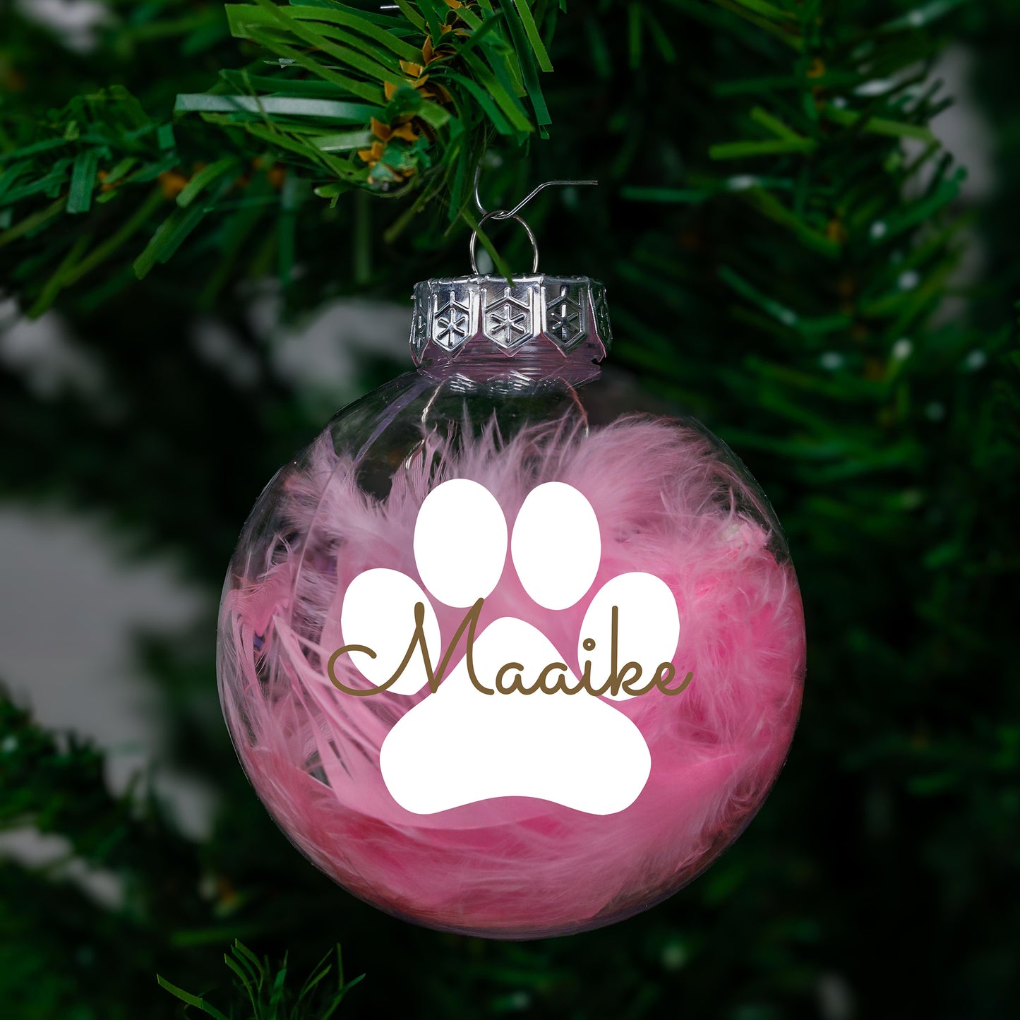 Kerstbal Roze Veertjes- Naam + Pootje