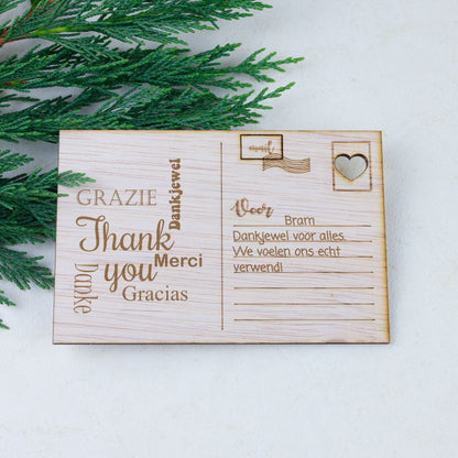 Houten kaart - Bedankt , Thank you, Grazie ...