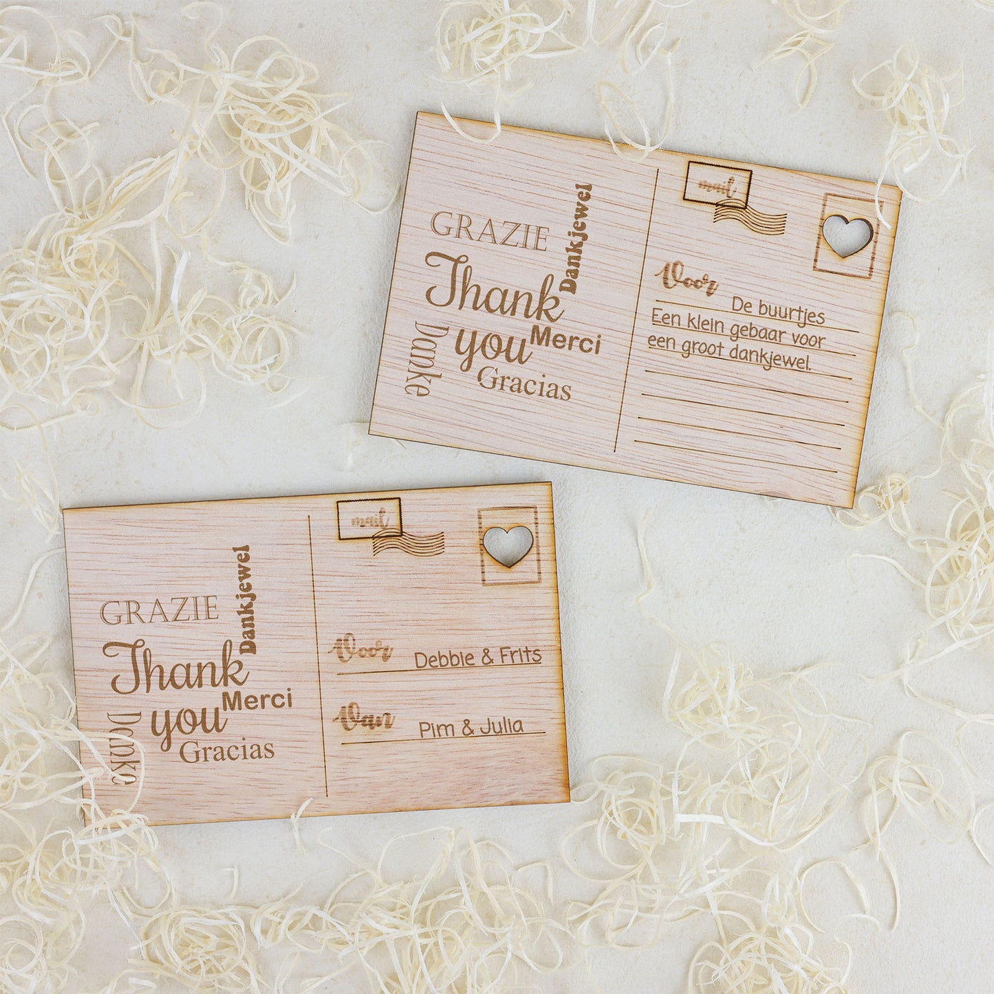 Houten kaart - Bedankt , Thank you, Grazie ...