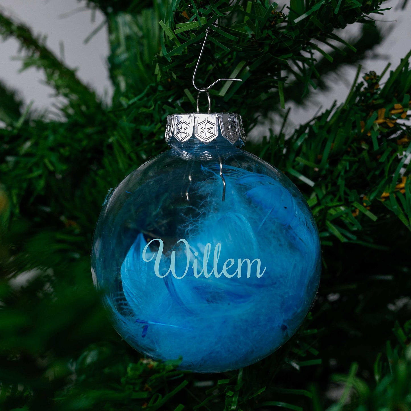 Kerstbal Blauwe Veertjes - Naam