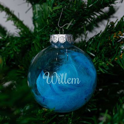 Kerstbal Blauwe Veertjes - Naam
