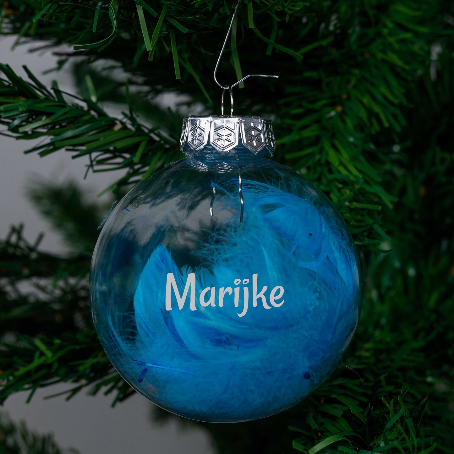 Kerstbal Blauwe Veertjes - Naam
