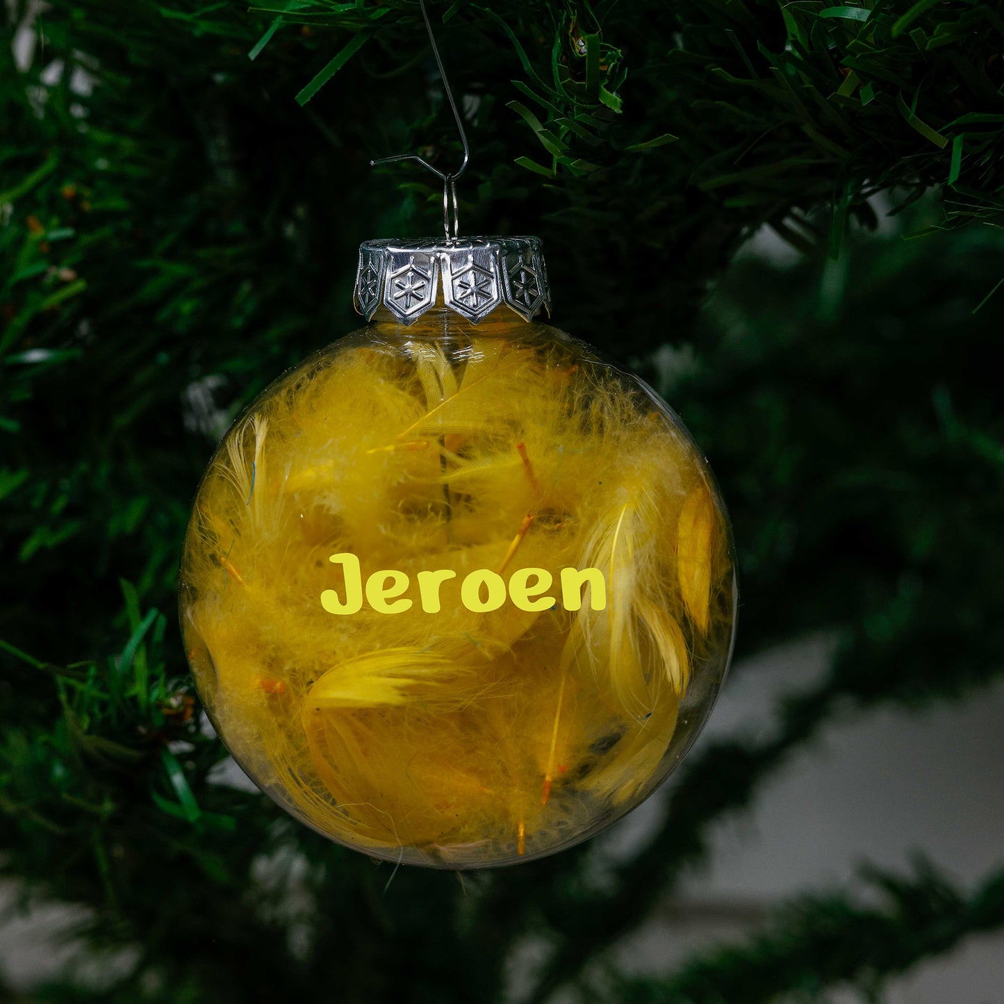Kerstbal Gele Veertjes - Naam