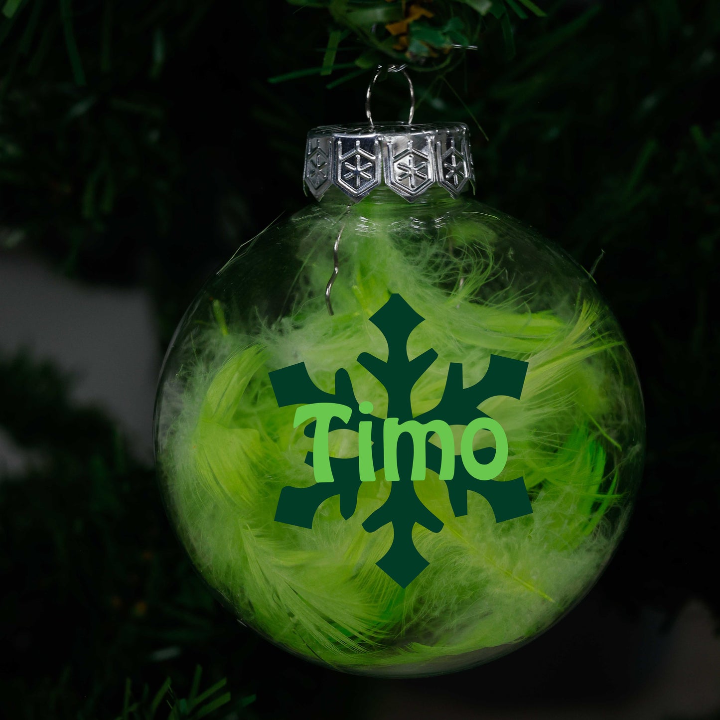 Kerstbal Groene Veertjes - Naam + Sneeuwvlok