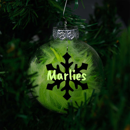 Kerstbal Groene Veertjes - Naam + Sneeuwvlok