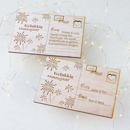 Houten kaart - Gelukkig Nieuwjaar