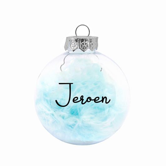 Kerstbal Licht Blauwe Veertjes - Naam