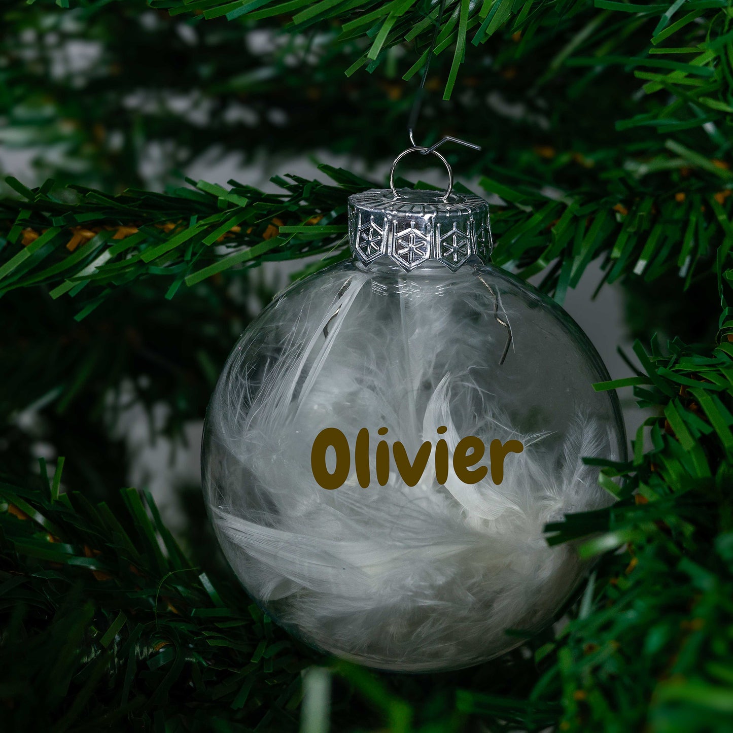 Kerstbal Witte Veertjes - Naam