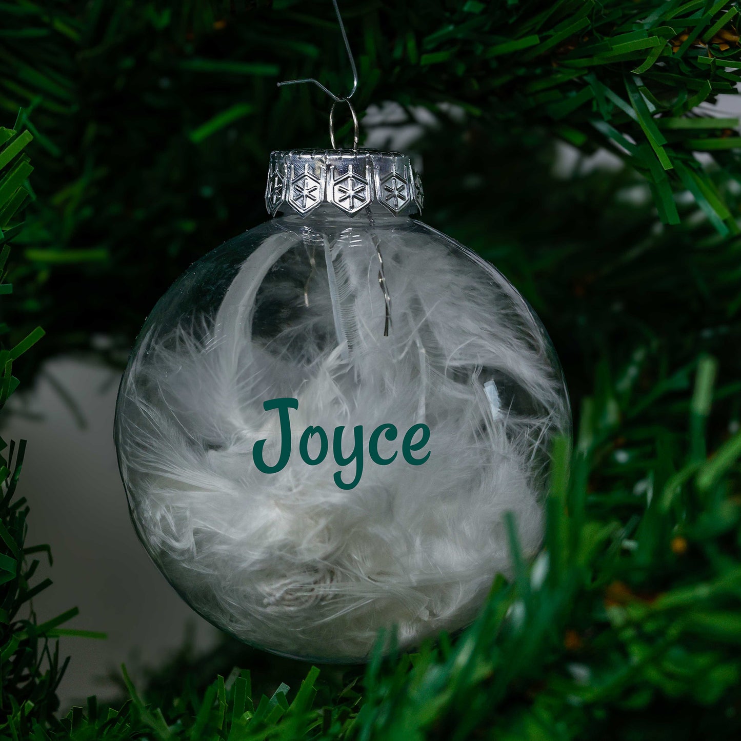 Kerstbal Witte Veertjes - Naam