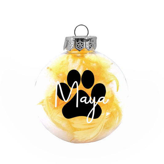 Kerstbal Gele Veertjes- Naam + Pootje