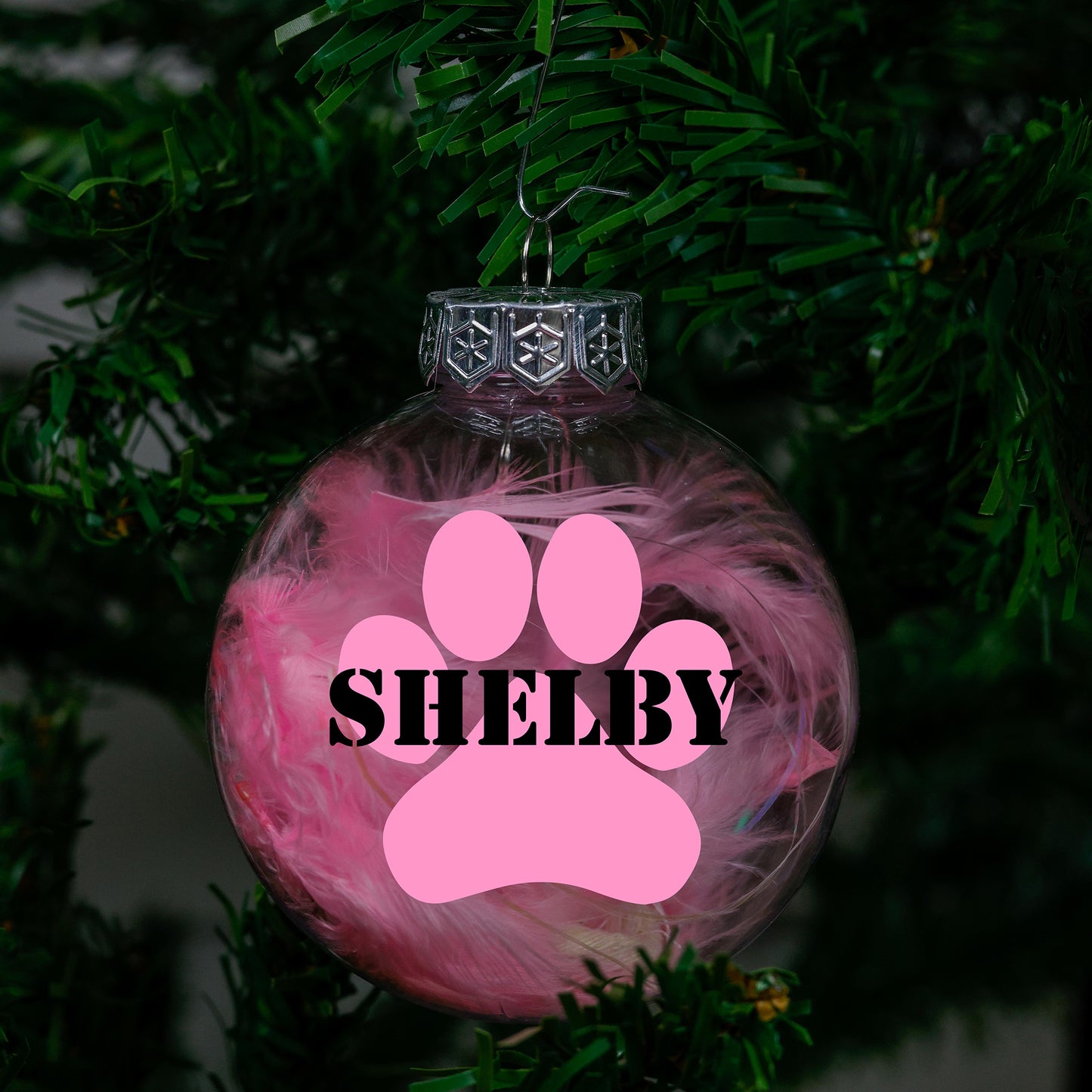 Kerstbal Roze Veertjes- Naam + Pootje